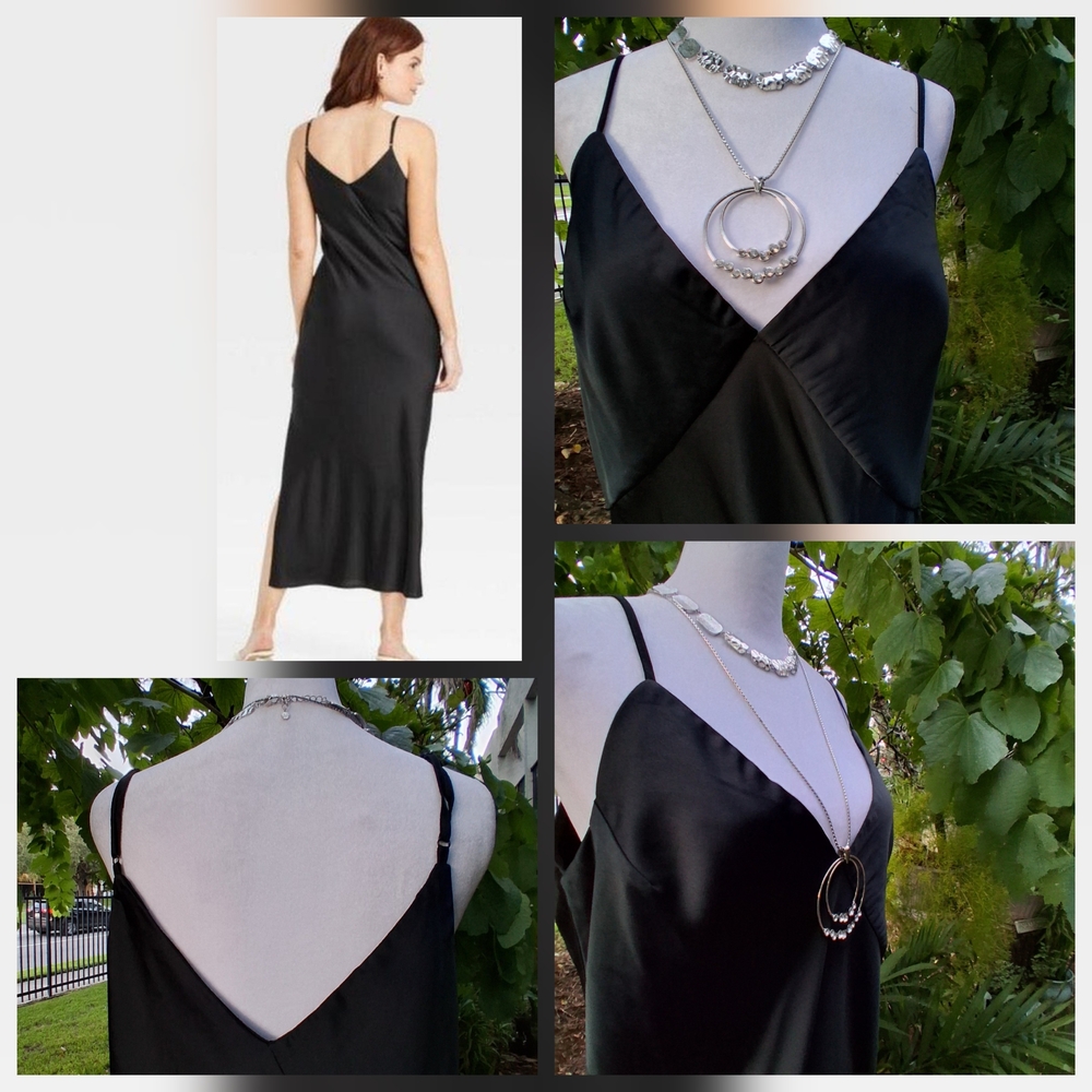 🔥A NEW DAY SILKY Evening Black Slip Maxi Dress Size L EUC